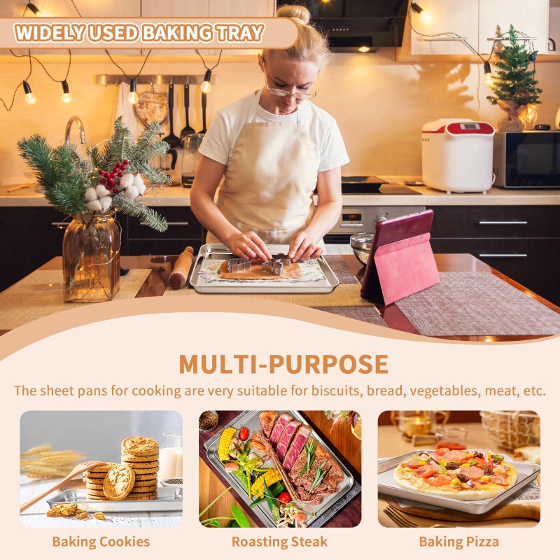 Deedro طقم صواني خبز من الفولاذ المقاوم للصدأ مكون من 2، صينية بسكويت ديدرو، صينية خبز معدنية، صينية فرن، غير سامة وقوية، مقاومة للصدأ وتشطيب مرآة، سهلة التنظيف وآمنة في غسالة الصحون، 10 × 8 × 1 بوصة - Image 3